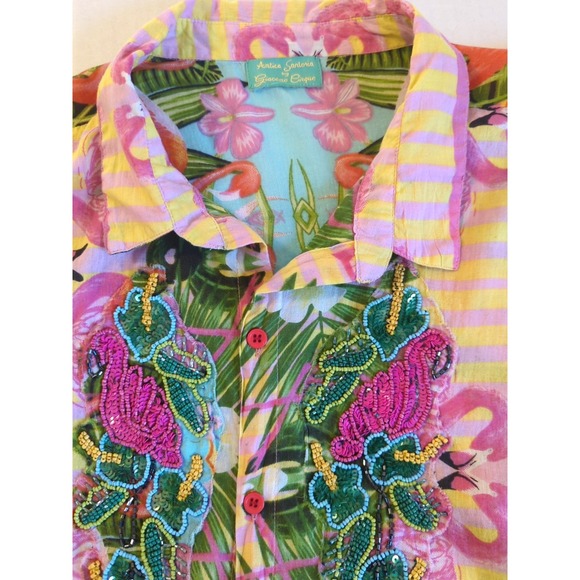 Antica Sartoria Flamingo Beaded Shirt Blouse 2X Cotton Button Up Boho Chic Beach - Picture 3 of 10